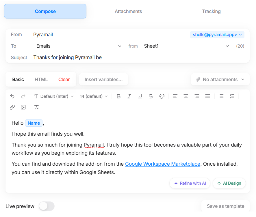 Pyramail sidebar - compose, preview, and send emails from one interface