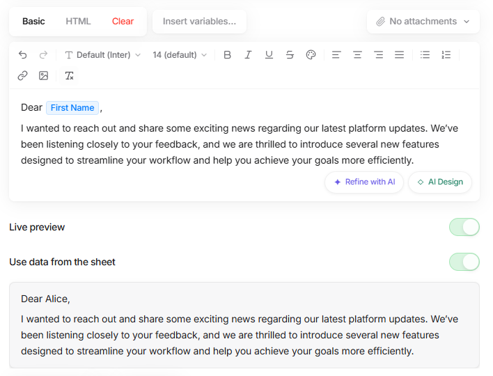Pyramail live preview showing email with resolved variables